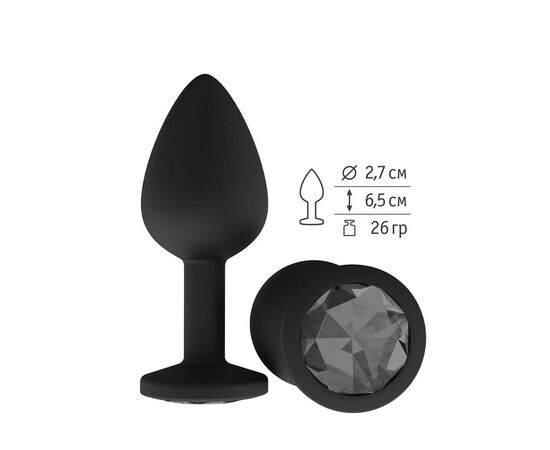 Чёрная анальная втулка с чёрным кристаллом - 7,3 см., фото 