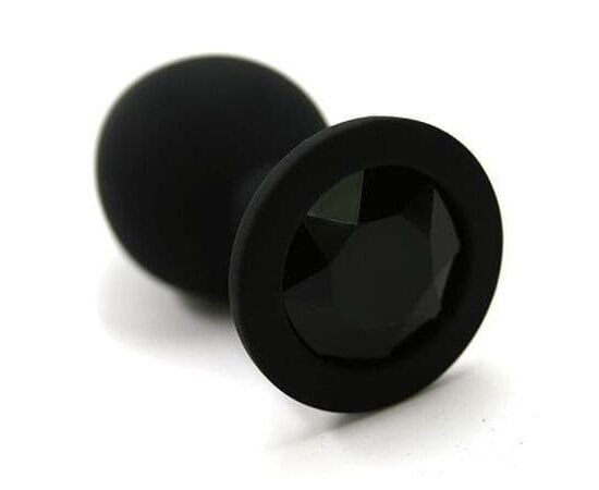 Чёрная силиконовая анальная пробка с чёрным кристаллом - 7 см., фото 