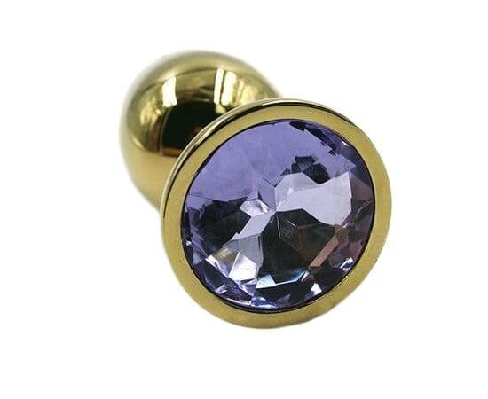 Золотистая алюминиевая анальная пробка с светло-фиолетовым кристаллом - 6 см., фото 