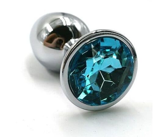 Серебристая алюминиевая анальная пробка с голубым кристаллом - 6 см., фото 
