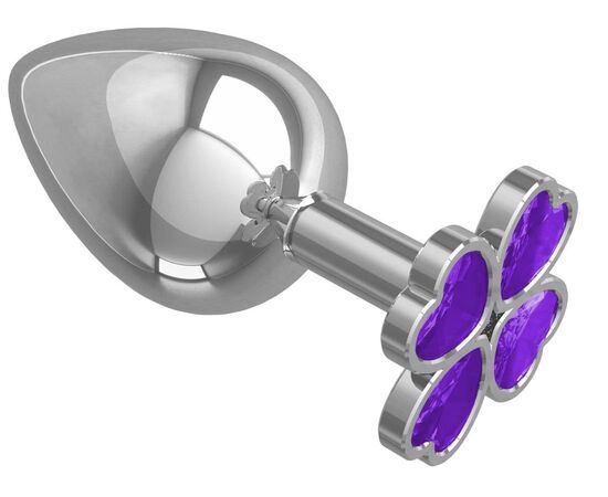 Серебристая анальная пробка-клевер с фиолетовым кристаллом - 9,5 см., фото 