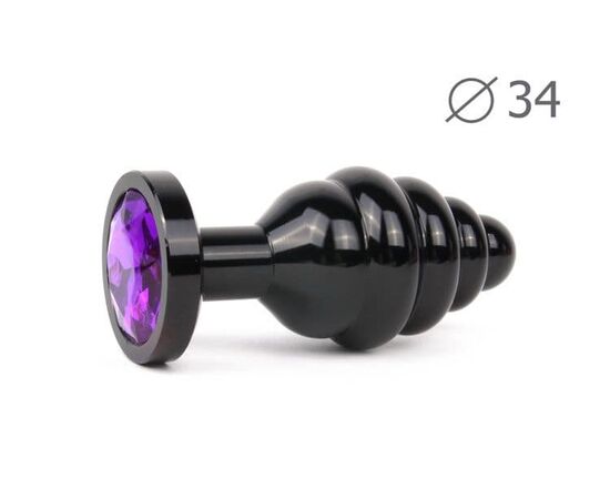 Коническая ребристая черная анальная втулка с фиолетовым кристаллом - 8 см., фото 