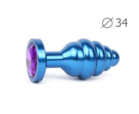 Коническая ребристая синяя анальная втулка с кристаллом фиолетового цвета - 8 см., фото 
