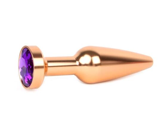 Удлиненная коническая гладкая золотистая анальная втулка с кристаллом фиолетового цвета - 11,3 см., фото 