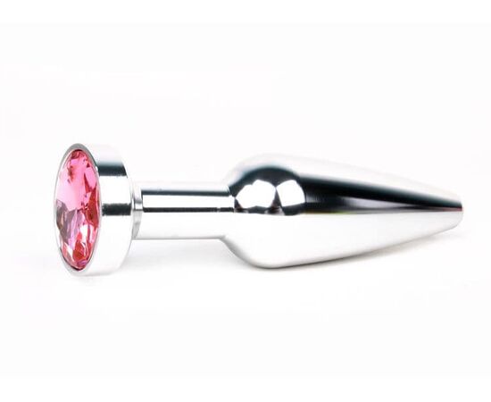 Удлиненная коническая гладкая серебристая анальная втулка с розовым кристаллом - 11,3 см., фото 