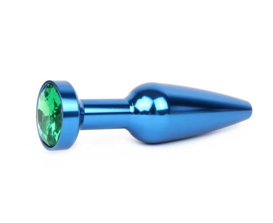 Удлиненная коническая гладкая синяя анальная втулка с зеленым кристаллом - 11,3 см., фото 