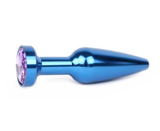 Удлиненная коническая гладкая синяя анальная втулка с сиреневым кристаллом - 11,3 см., фото 