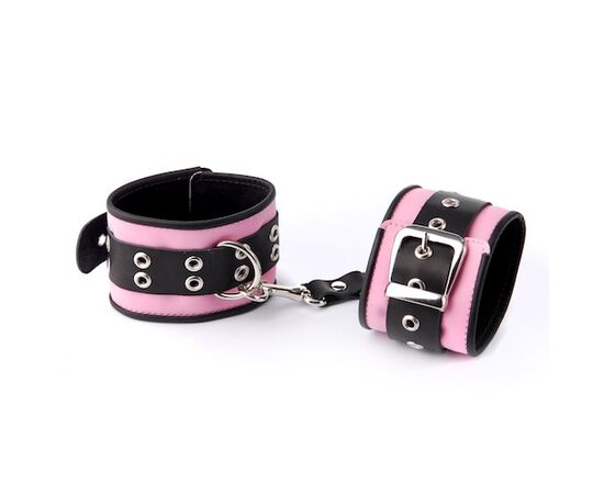 Розово-чёрные наручники с ремешком с двумя карабинами на концах, фото 