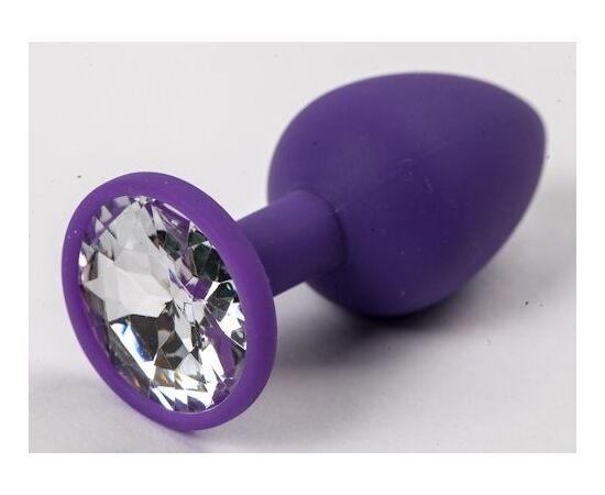 Фиолетовая силиконовая анальная пробка с прозрачным стразом - 7,1 см., фото 