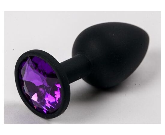 Черная силиконовая анальная пробка с фиолетовым стразом - 7,1 см., фото 