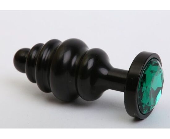 Чёрная ребристая анальная пробка с зеленым кристаллом - 7,3 см., фото 