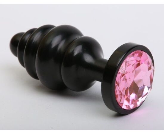 Чёрная ребристая анальная пробка с розовым кристаллом - 7,3 см., фото 