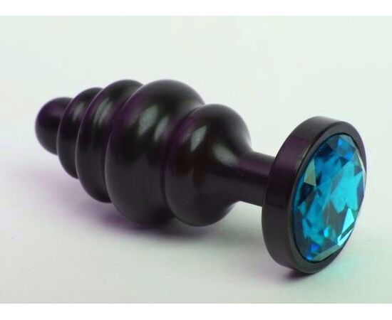 Чёрная ребристая анальная пробка с голубым кристаллом - 7,3 см., фото 