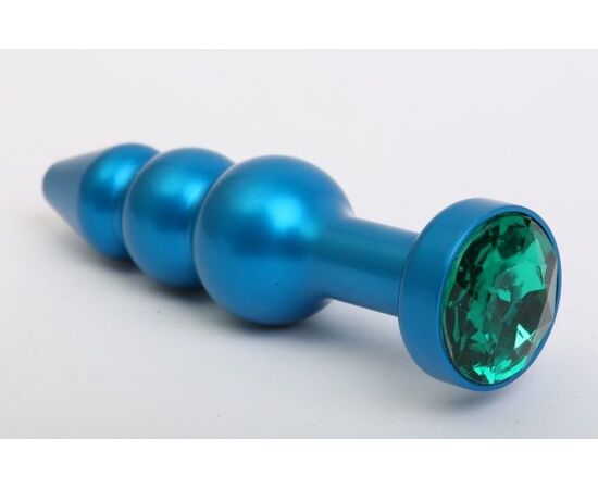 Синяя фигурная анальная пробка с зелёным кристаллом - 11,2 см., фото 