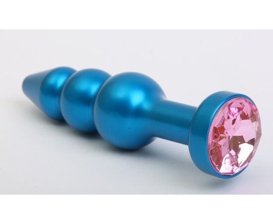Синяя фигурная анальная пробка с розовым кристаллом - 11,2 см., фото 